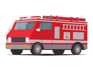 Fire engine.Emergency service red vehicle.Red fire truck with ladder. City skyline, skyscrapers.Modern flat style illustration vector .