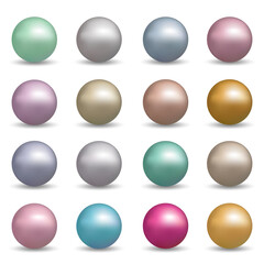 Set of pearl silver, pink, gold, blue and violet 3d spheres isolated on white background. Vector illustration