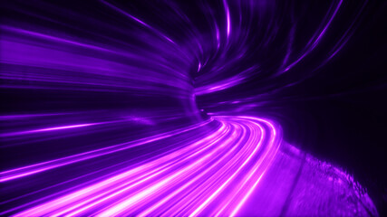 The speed of digital lights, neon beams moving through the tunnels of digital technology. Space time concept. 3d illustration