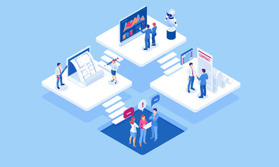 Isometric concept of business analysis, analytics, research, strategy statistic, planning, marketing, study of performance indicators. Investment in securities, smart investment, strategic management