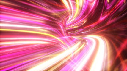 The speed of digital lights, neon beams moving through the tunnels of digital technology. Space time concept. 3d illustration