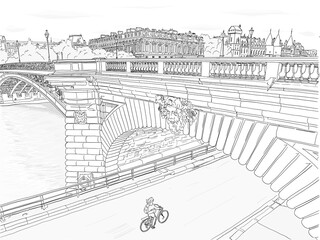 Paris, hand drawn illustration of a woman bicycling under a beautiful historic bridge. Black and white.