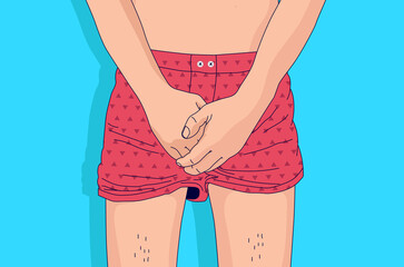 Half naked man in boxer shorts holding his on private parts between legs. Medical condition and illness in genitals concept. Vector illustration.