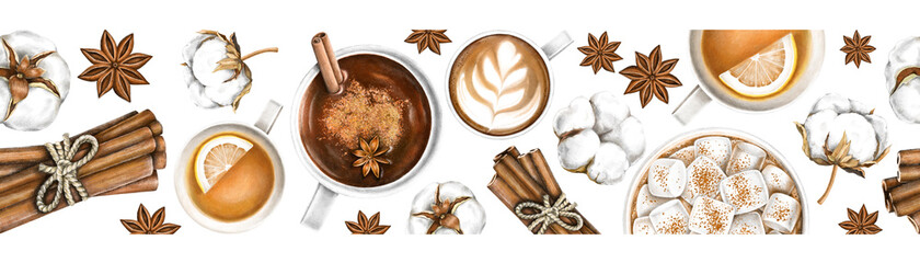 Winter seamless border pattern. Cozy Christmas frame background with hot chocolate, coffee, cappuccino, cinnamon and cotton flowers.