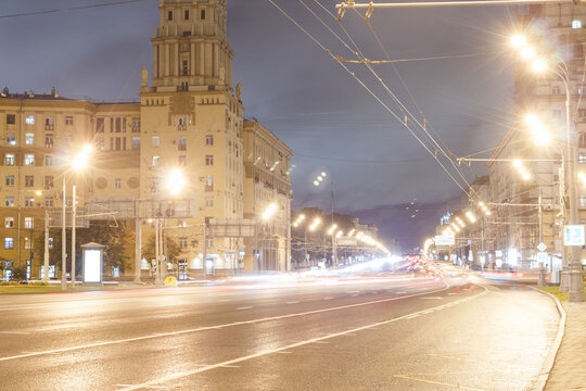 Moscow,Russia, Sep 9,2020:  Leninsky Avenue Near Gagarin Square. Night. Car Traces