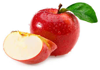 red apples with slices and green leaves isolated on a white background