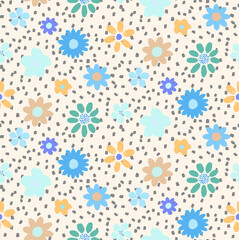 Ditsy colorful flower petals and dots meadow prairie playful seamless pattern