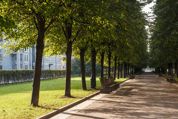 Tsvetnoy Boulevard in Moscow, Russia. Trees and houses