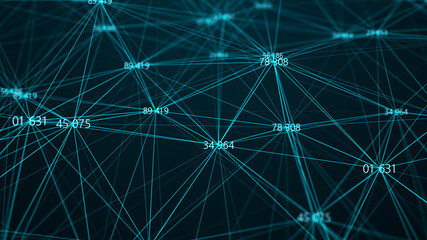 Fototapeta premium Flying connected numbers on black background. Digital illustration. Network. Computer code. 3d rendering.