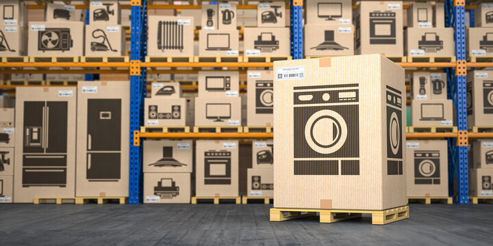 Washing machine in cardboard box in warehouse with household appliances and kitchen electronics in boxes. Online purchase, shopping  and delivery concept.