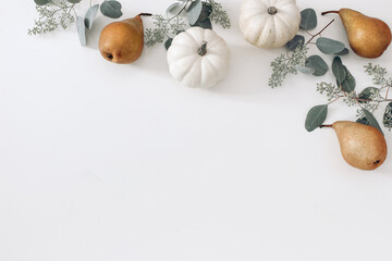 Autumn floral frame, web banner. Garland of berry eucalyptus leaves, branches, pear fruit and white pumpkins isolated on white table background. Fall, Thanksgiving design. Flat lay, top view.