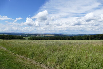 Landschaften mit grünen Getreidefeldern, Himmel und Wolken im Hunsrück