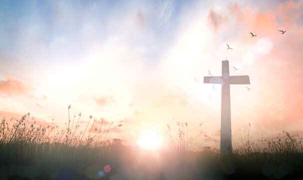 Easter Religious concept: The cross on meadow autumn sunrise background