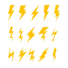 Set of Simple Yellow Lightning Icon Design, Various Thunder Bolt Sign Collection Template Vector