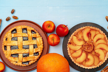 Thanksgiving berry and apple various pies on wooden surface, top view
