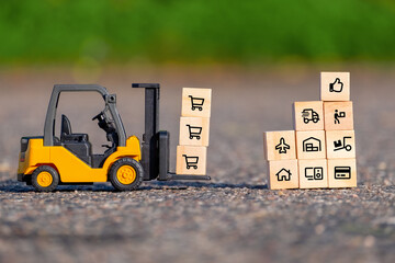 Mini forklift truck moves a pallet with wooden block with icon. Depicts delivering goods or products around globe in e-Commerce. Logistic network distribution cargo freight concept. - obrazy, fototapety, plakaty