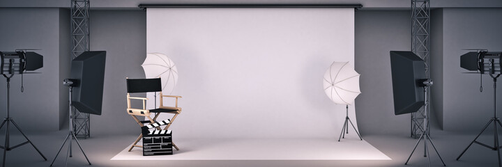 photo studio with cinema concept. Director's chair and movie clapper. 3d rendering	

