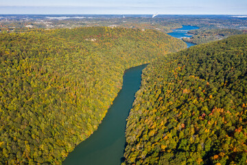 Aerial drone image of the Cheat River flowing through narrow wooded gorge in the autumn towards...