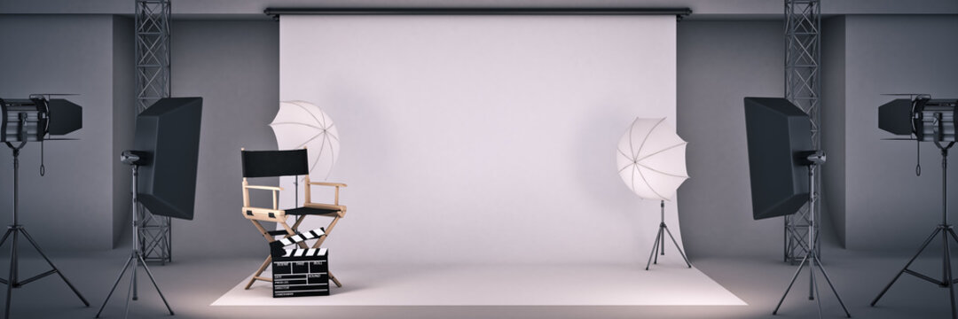 photo studio with cinema concept. Director's chair and movie clapper. 3d rendering	

