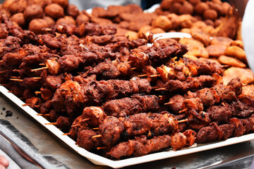Street junk food closeup view at INDIA: Superbly Delicious shish chicken KABAB and BBQ for snack