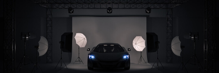 photo studio with sports car. 3d rendering	
	
