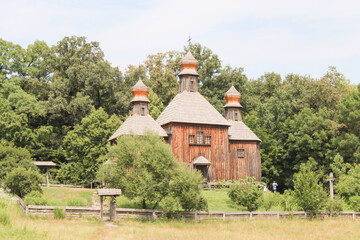 Obraz premium Wooden church of 18th century in open air museum in Kiev, Ukraine