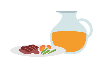 Plate of gourmet food and jug of juice on white background