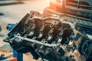Car engine during service repair in auto service, close up.