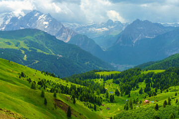 Naklejka na ściany i meble Mountain landscape along the road to Sella pass, Dolomites