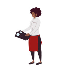 waitress with uniform and menu in hand on white background