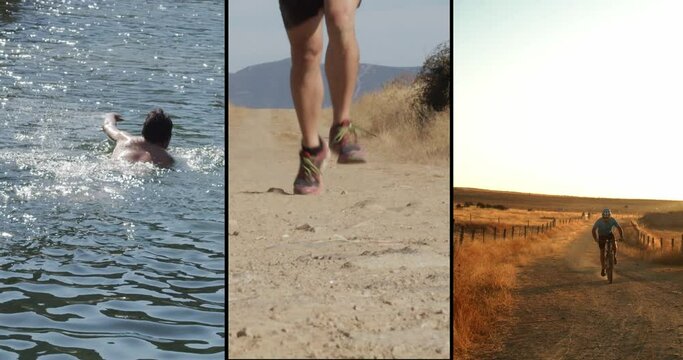 Screen split into three parts: athlete swimming, athlete running, athlete cycling. Concept: triathlon, adventure sports