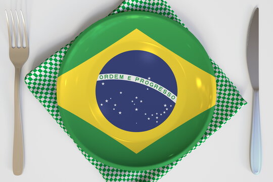 Top-down view of the plate with flag of Brazil, national cuisine conceptual 3d rendering