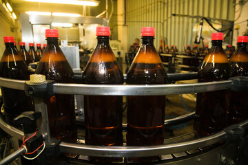 Plastic bottles with a carbonated drink on the conveyor