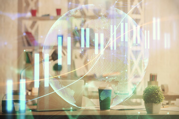 Obraz premium Double exposure of stock market graph drawing and office interior background. Concept of financial analysis.
