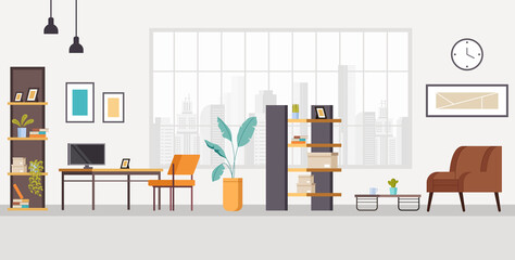 Office workstation furniture interior concept. Vector flat graphic design cartoon illustration