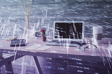 Double exposure of financial graph drawing and office interior background. Concept of stock market.