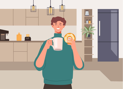 Man character drinking morning coffee and eating donut on home kitchen. Vector flat graphic design illustration