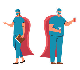 Doctors surgeon man woman characters superhero on white background. Vector flat graphic design illustration