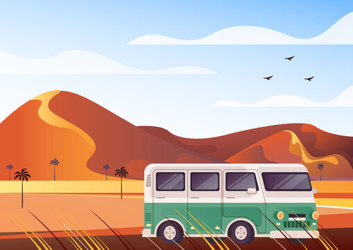 Desert safari mini bus tourism concept. Vector flat graphic design illustration