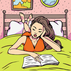 Asian woman laying on bed and reading a book, study at home pop art vector illustration in retro comic style