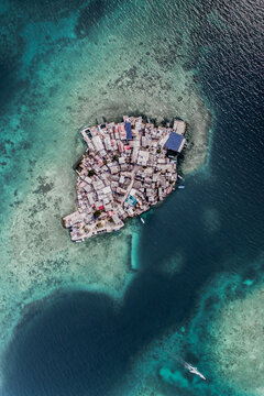 Aerial View Of Densely Populated Islote Island, In The Caribbean Sea, Colombia