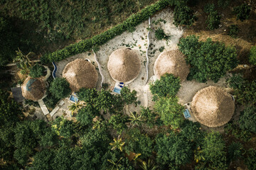 Aerial View Of Luxury Palm Cabana And Private Pool In A Tropical Island Resort Surrounded By Trees, Isla Tierra Bomba, Colombia