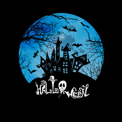 Ancient castle and moon. Flying bats. Happy Halloween. Vector illustration