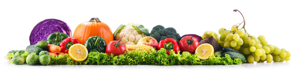 Composition with fresh vegetables and fruits isolated on white
