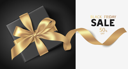 Black friday sale design template. Text with black gift box and gold bow with long golden ribbon. Vector illustration