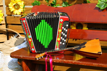 accordion on a wooden bench