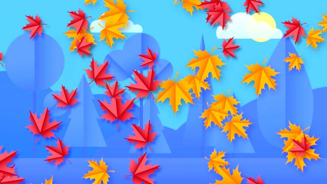 Autumn colorful leaves fly spinning on the background of the forest, sky with clouds and the sun. Animation with high quality 4K paper pictures and figures.