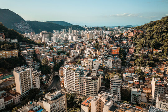 Aerial View Of Tabajaras Favela And Botafogo In Rio de Janeiro, Brazil