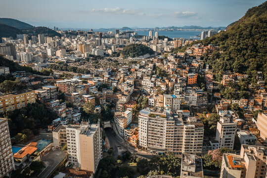 Aerial View Of Tabajaras Favela And Botafogo In Rio de Janeiro, Brazil