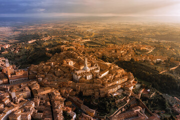 Aerial view of Siena at sunrise, Italy.